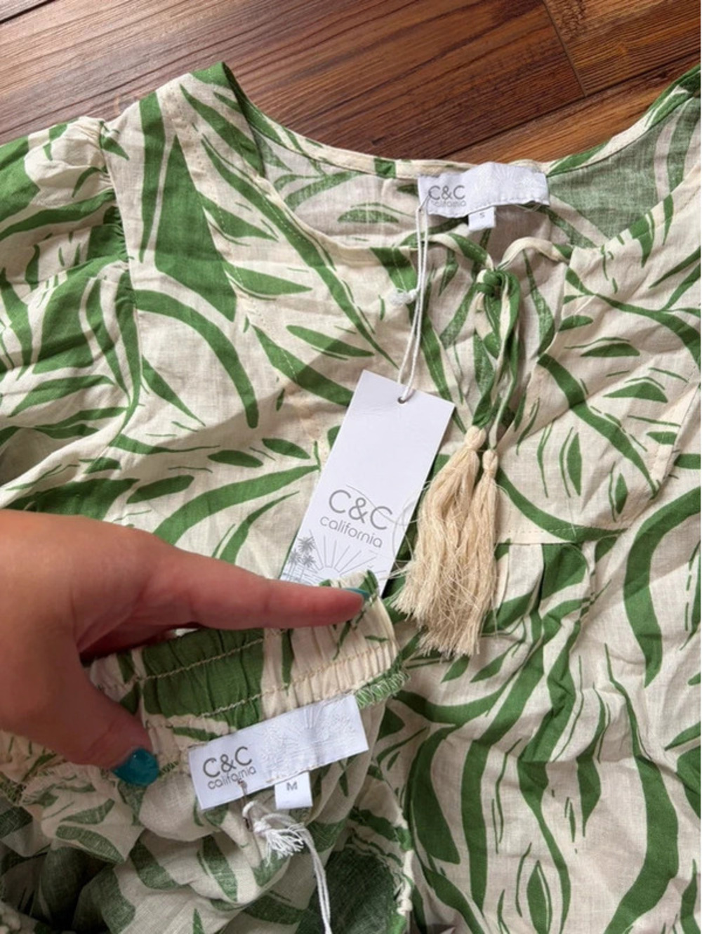NWT C&C California linen/rayon green/white floral print set size S/M - Picture 3 of 5